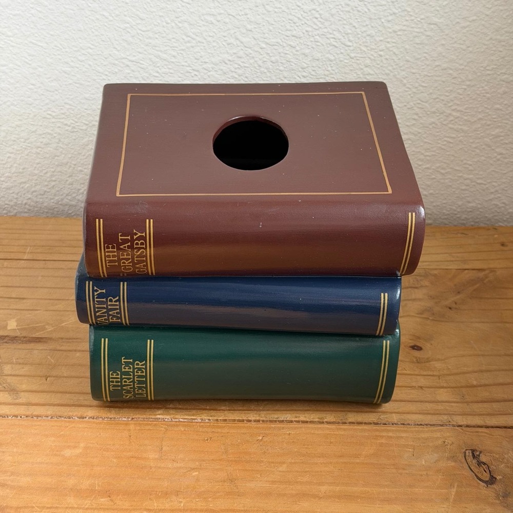 Vintage 1995 Bandwagon Inc Stacked Books Tissue Box Cover Great Gatsby Decor